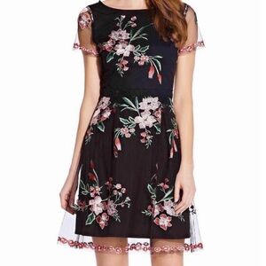 Adrianna Papell Black Midi Dress with Pink & Green Floral Embroidery